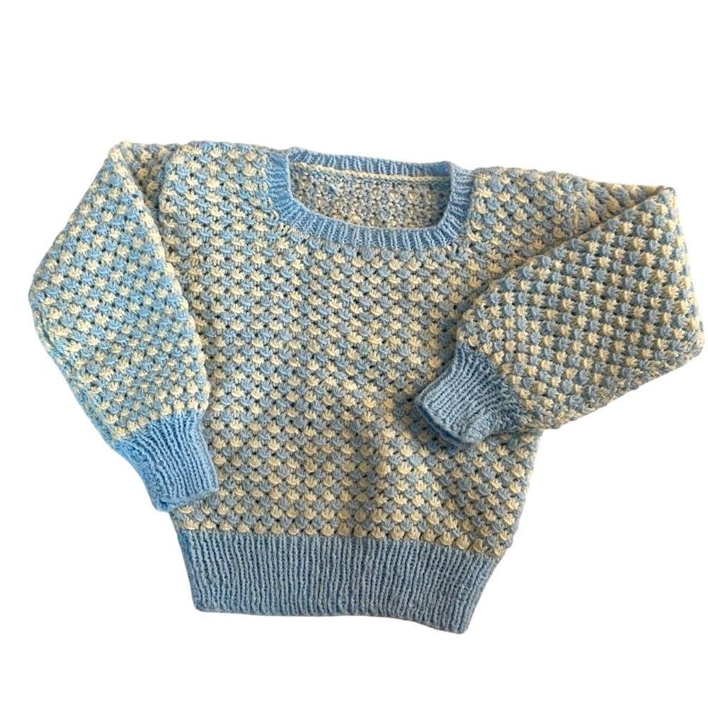 VINTAGE Baby Hand Knit Sweater White Blue Crochet Pullover Long Sleeve Top